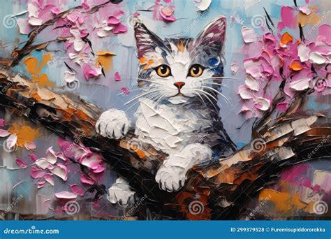 Palette Knife Textured Painting Cat Adorable Kitty Cute Animal Beautiful Cat Stock Photo - Image ...