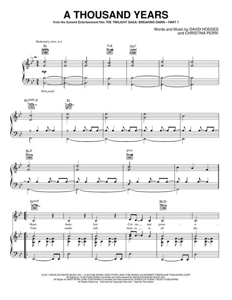 A Thousand Years Sheet Music Christina Perri Piano Vocal And Guitar Chords Right Hand Melody