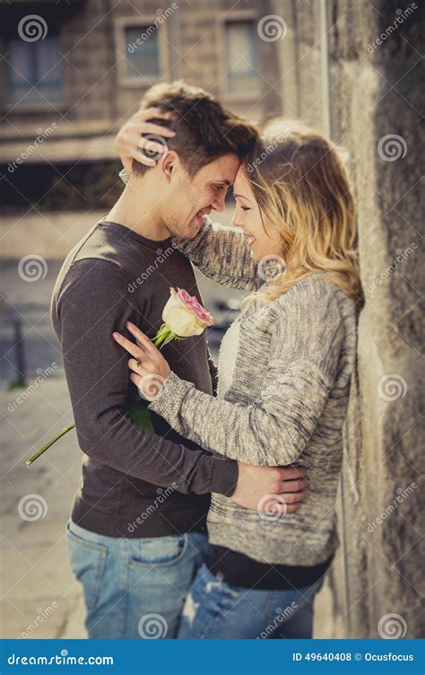 Beautiful Couple In Love Kissing On Street Alley Celebrating Valentines