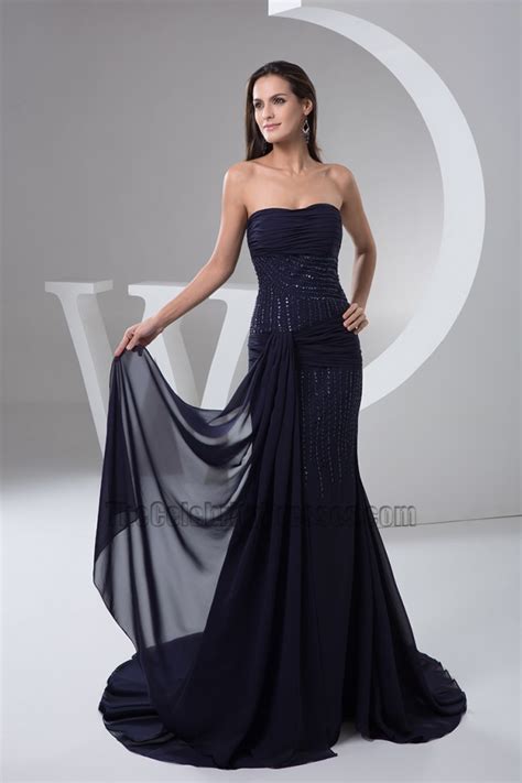 Dark Navy Strapless Chiffon Formal Dresses Evening Prom Gown