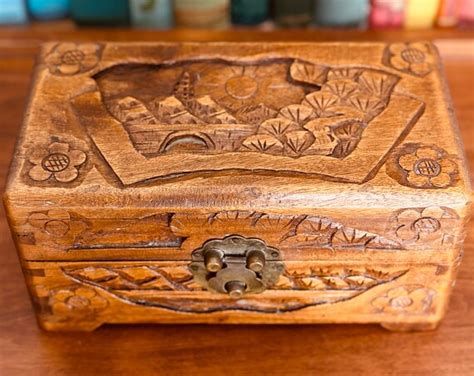 Hand Carved Wood Box With Brass Latch Wooden Trinke Gem