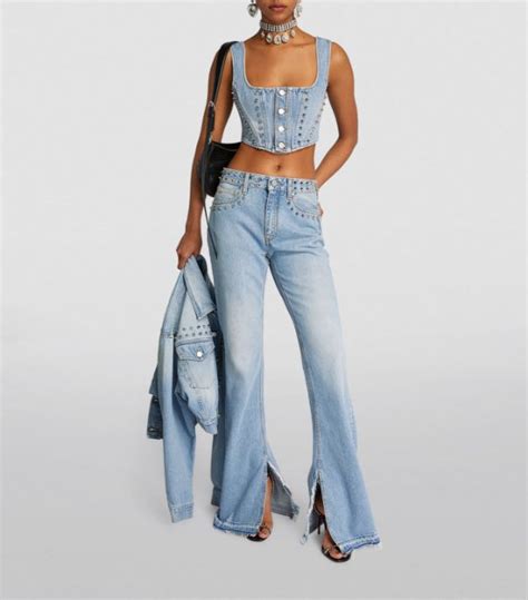 Womens Alessandra Rich Blue Denim Stud Detail Corset Top Harrods