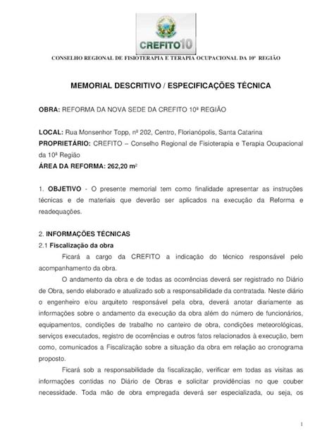 PDF MEMORIAL DESCRITIVO ESPECIFICAÇÕES TÉCNICA MEMORIAL