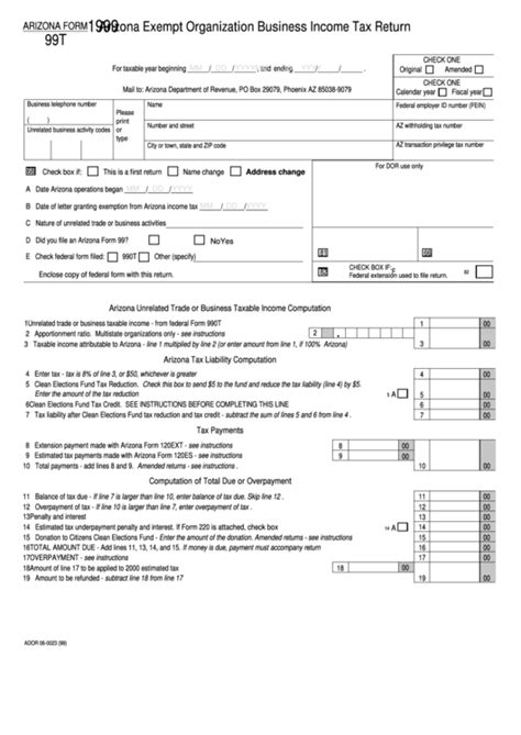 Fillable Form 99t Arizona Exempt Organization Business Income Tax