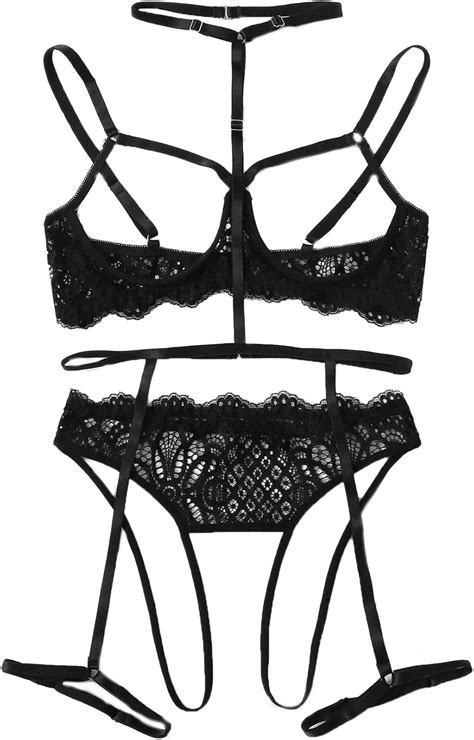 Verdusa Women S Sheer Floral Lace Cut Out Underwire Garter Lingerie Set