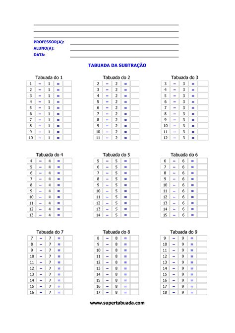 Tabuada De Subtração Para Completar REVOEDUCA