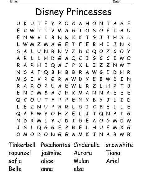 Disney Princess Word Search WordMint