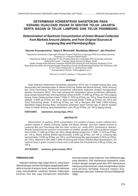 (PDF) Determination of Saxitoxin Concentration of Green Mussel Collected from Markets Around ...