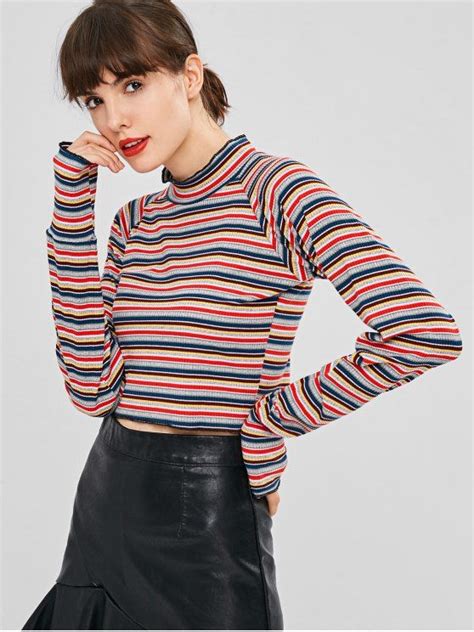 [26 Off] 2021 Long Sleeve Striped Ribbed Mock Neck Tee In Multi Zaful