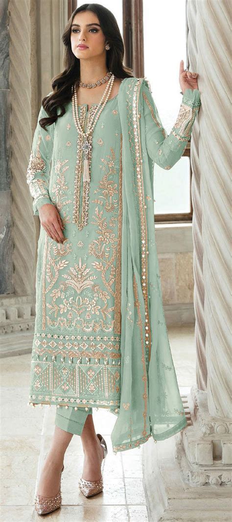 Festive Reception Green Color Faux Georgette Fabric Salwar Kameez