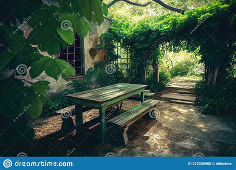 Patio With Picnic Table Surrounded By Lush Greenery Stock Photo