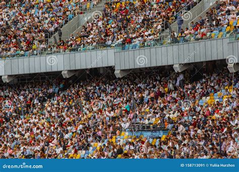 Soccer Stadium Inside View Football Field Empty Stands A Crowd Of