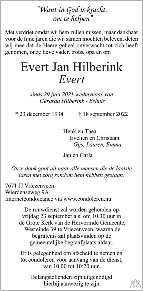 Evert Jan Evert Hilberink Overlijdensbericht En