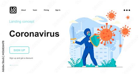 Coronavirus Web Concept Medic In Protective Suit Fights Shield And