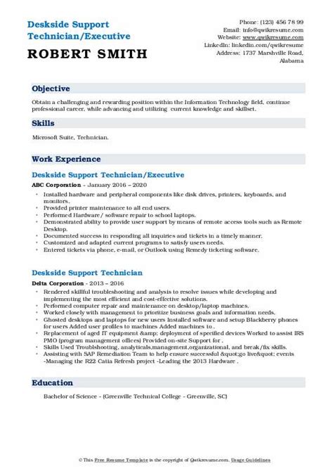 Deskside Support Technician Resume Samples Qwikresume