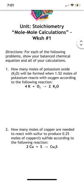 Solved 701 Unit Stoichiometry Mole Mole Calculations”