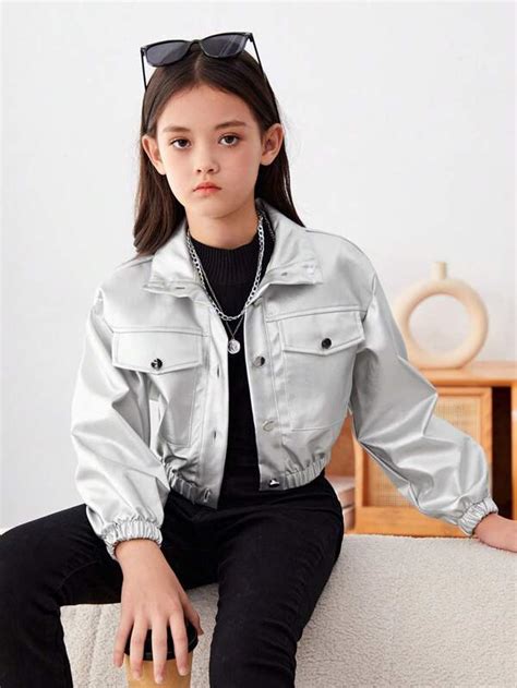 SHEIN Tween Girl Flap Pocket PU Leather Jacket SHEIN USA