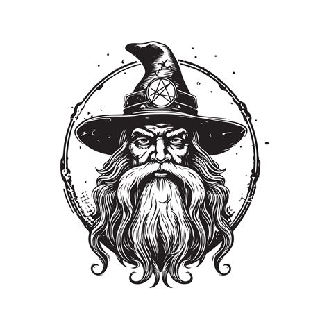 portrait of a wizard, vintage logo line art concept black and white ...