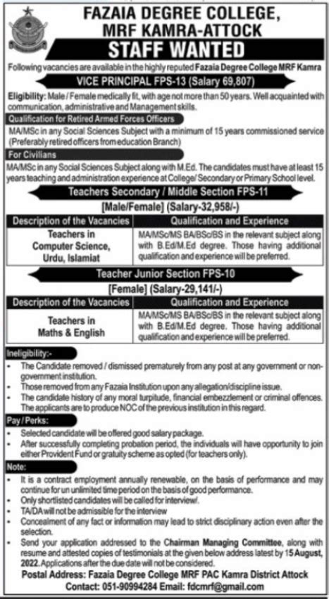 Fazaia Degree College Kamra Attock Jobs Job Advertisement