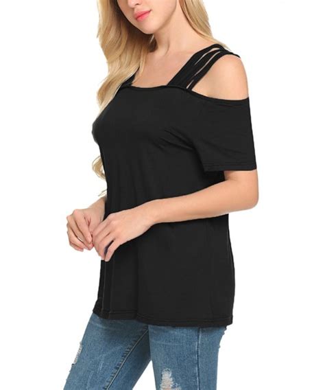 Womens Casual Short Sleeve Strappy Cold Shoulder T Shirt Tops Black C0180hl0l3a