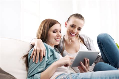 Happy Lesbian Couple With Tablet Stock Photo Image Of Digital Technology 46298632