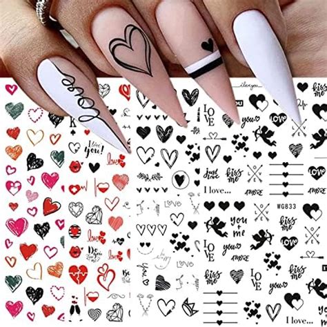 Black Red Heart Nail Art Stickers 8 Sheets Valentines Day Love Heart