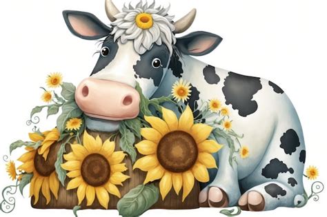 Premium Photo Cute Cartoon Of Cow With Sunflower No Background