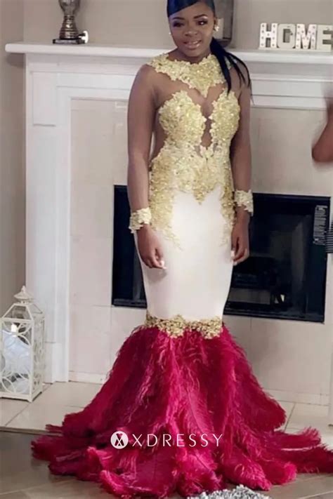 Yellow Lace Red Ostrich Feather Trumpet Prom Dress Xdressy