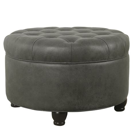 Large Tufted Round Storage Ottoman Gray Faux Leather — Homepop Furniture