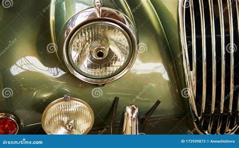 Detail Of Classic Car Close Up Of Headlight Of The Museum Of Vintage