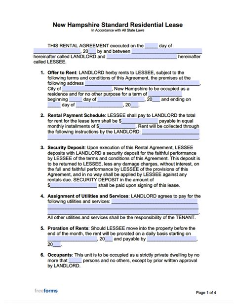 Free New Hampshire Standard Residential Lease Agreement Template Pdf