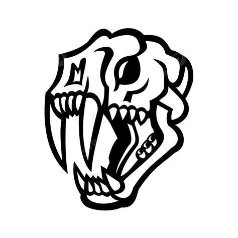 Black And White Illustration Of Skull Head Of A Saber Toothed Cat Or