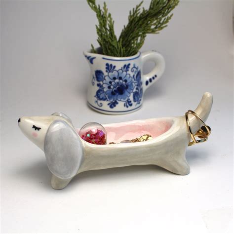 Dachshund Jewellery Dishring Holder In Misty Grey And Powder Etsy Uk