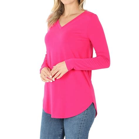 Zenana Womens Relaxed Fit Long Sleeve V Neck Round Hem Jersey Tee