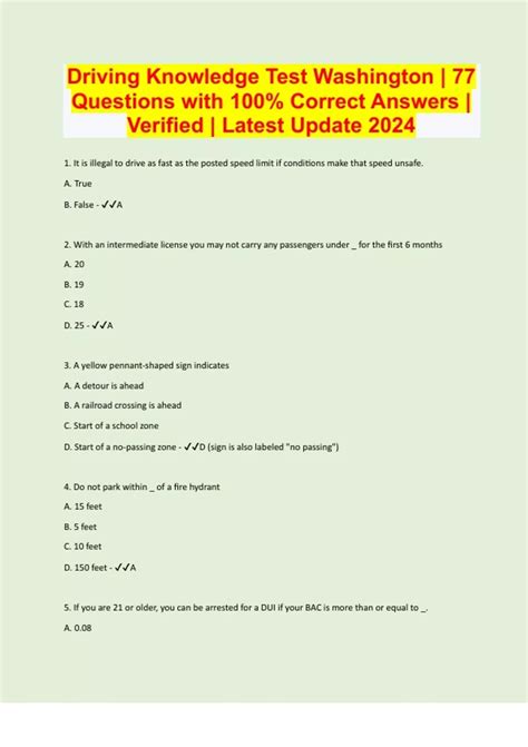 Driving Knowledge Test Washington 77 Questions With 100 Correct