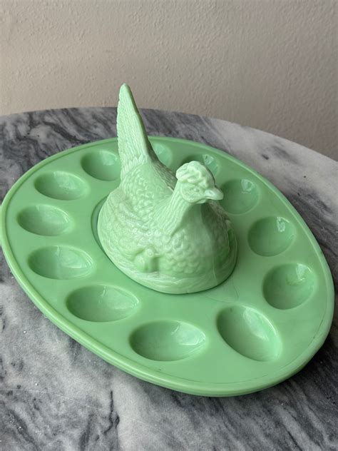 Vintage Jadeite Hen on Nest Egg Tray - L.E. Smith Glass - Deviled Egg