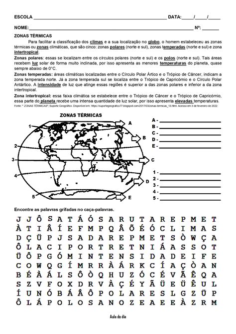 Atividade Zonas Térmicas caça palavras resumo gabarito