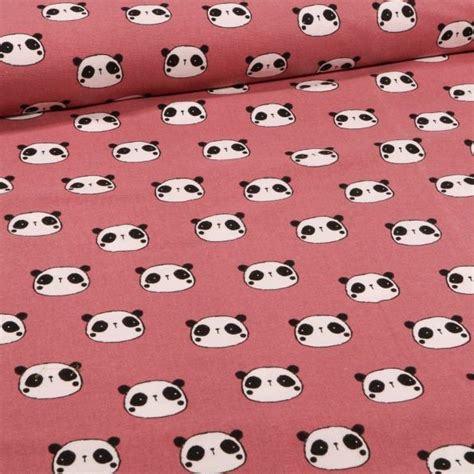 Tissu Flanelle de coton Têtes de pandas sur fond Vieux rose Par 10 cm