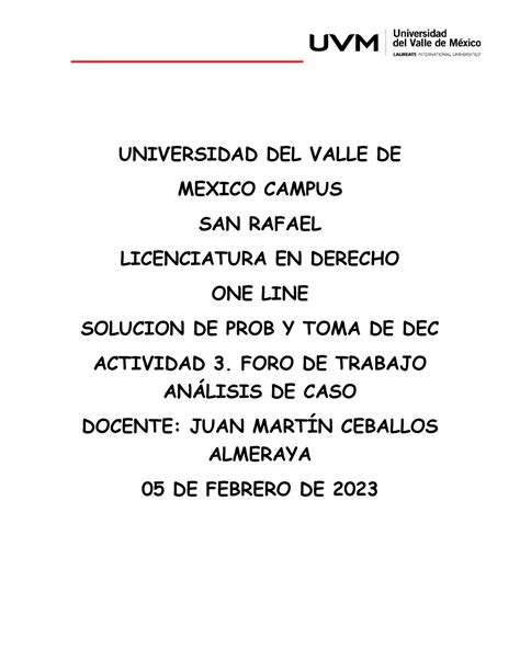 Actividad 3 FORO DE Trabajo Análisis DE CASO UNIVERSIDAD DEL VALLE