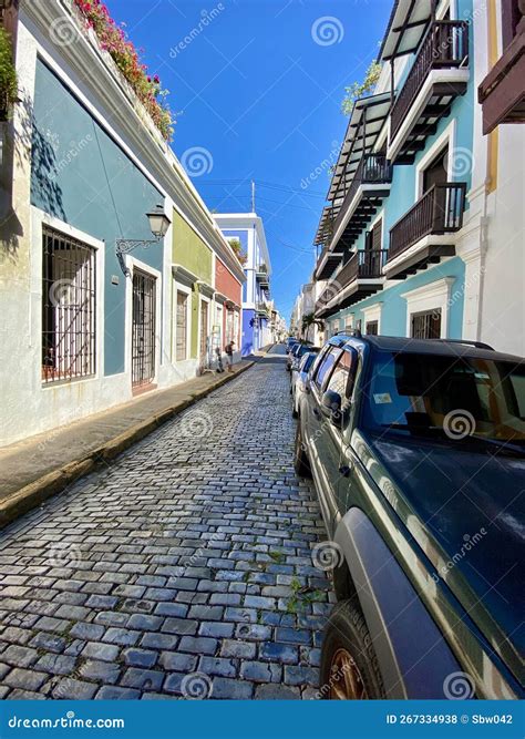 Street in Puerto Rico with Blue Bricks Stock Photo - Image of street