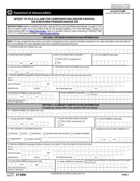 Va Form 21 0966 Download Fillable Pdf Or Fill Online Intent To File A