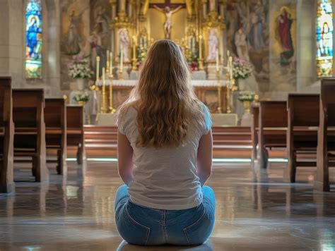 Woman Kneeling In Prayer At The Church Altar Premium Ai Generated Image