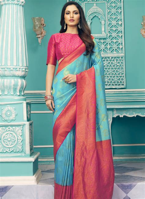 Buy Traditional Wear Sky Blue Weaving Work Soft Silk Saree Online From Surat Wholesale Shop