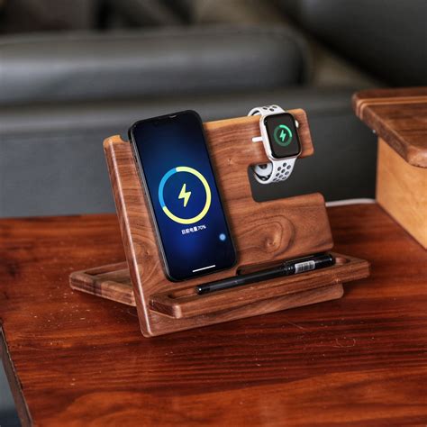 Wood Phone Docking Wireless Charging Station Key Holder Wallet Stand