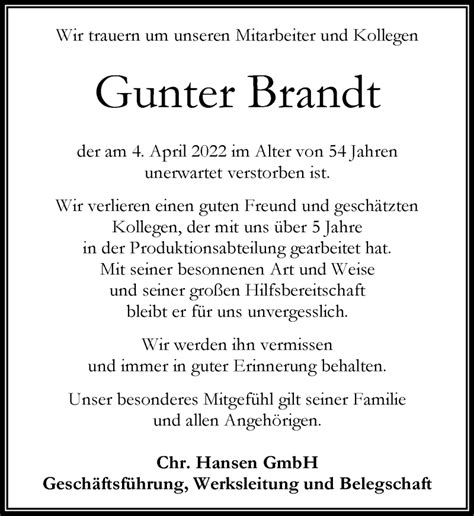 Traueranzeigen Von Gunter Brandt Vrm Trauer De