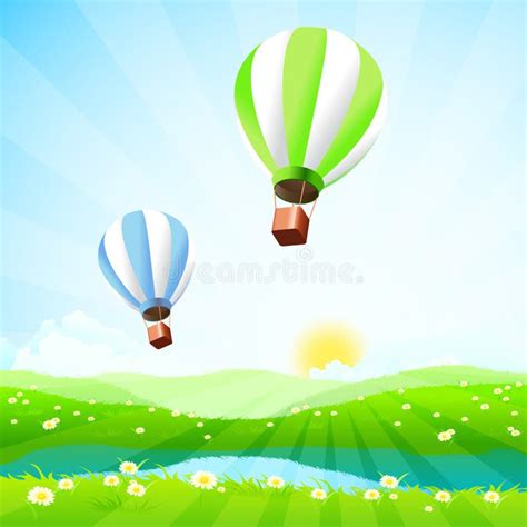 Green Landscape With Hot Air Balloons Stock Vector Illustration Of Green Cloudscape