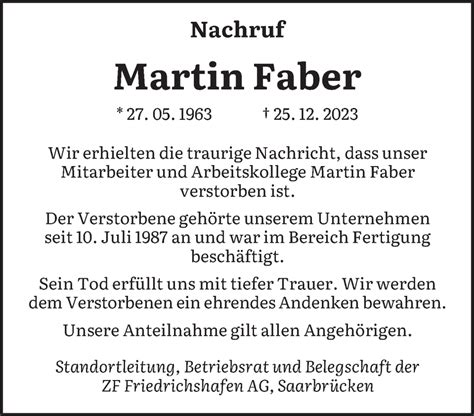 Traueranzeigen Von Martin Faber Saarbruecker Zeitung Trauer De