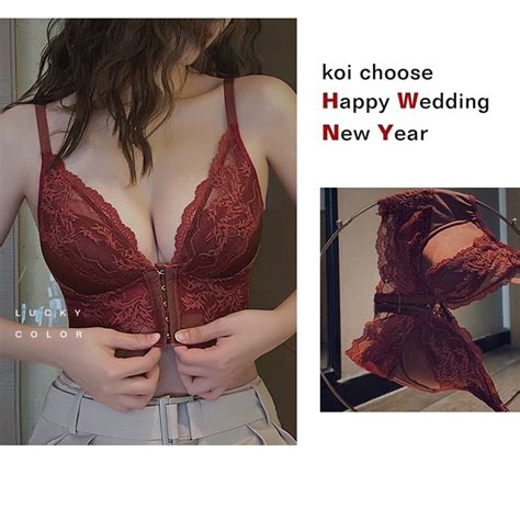 Women Front Closure Sexy Embroidery Lace Push Up Padded Gathered