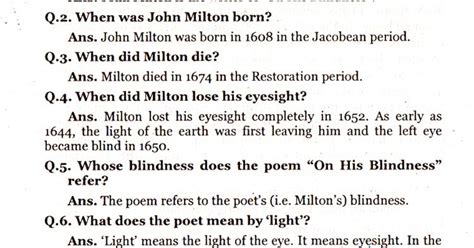 Brief Questions With Answers On His Blindness John Milton English