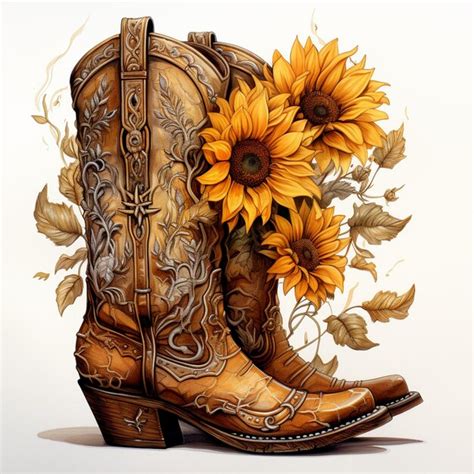 Premium Ai Image Cowboy Boots With Sunflowers And Leaves On Them